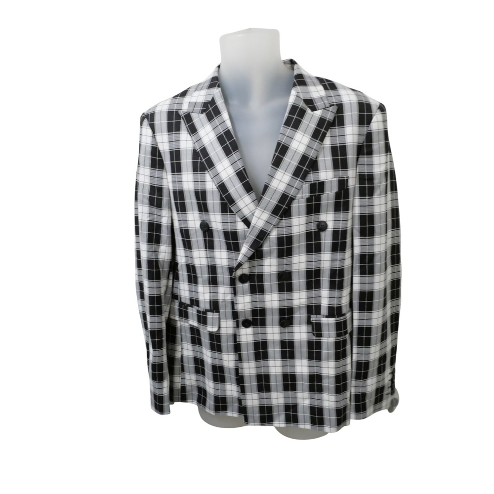 MOGU Mens Plaid Double Breasted Blazer Jacket Black White Gray Size 38 M NWT